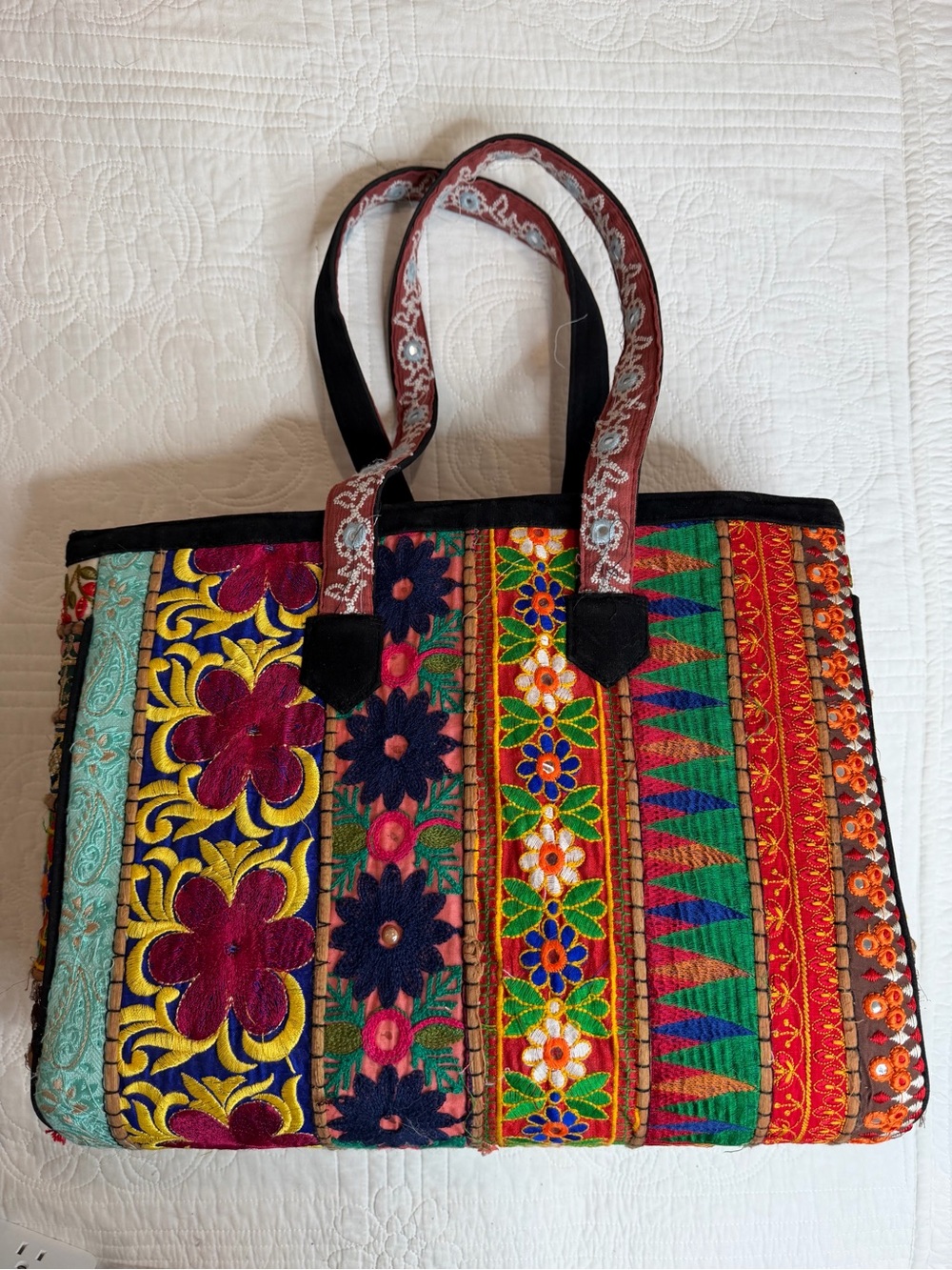 Beautiful Heavy Embroidered Cotton Fabric Patchwork Bag Tote Purse Sturdy